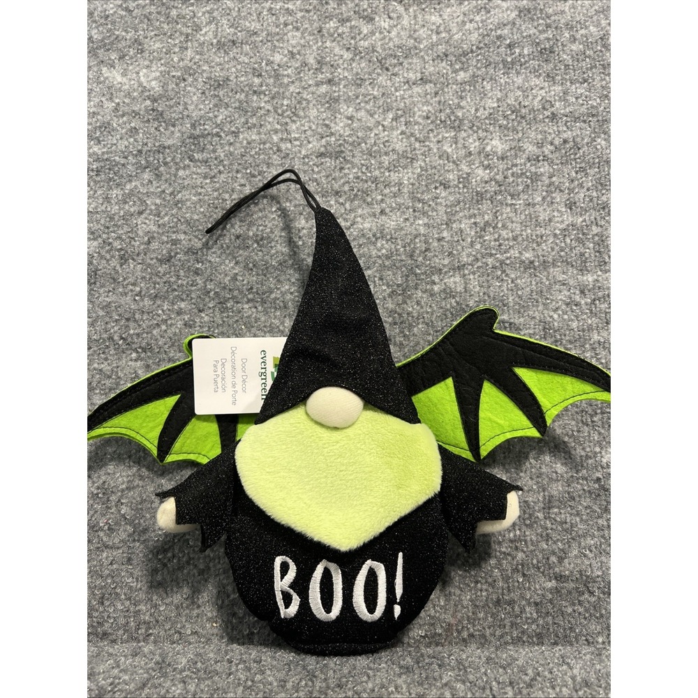 NWT Evergreen Halloween Bat Gnome Hanging Decor Plush – "BOO!" Black & Green